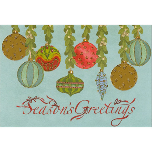 Seasons Greetings : Ornaments on Light Blue Christmas Card: Season's Greetings