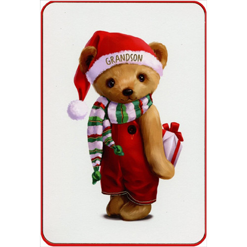 Cute Santa Bear Holding Gift Behind Back Grandson Christmas Card: Grandson