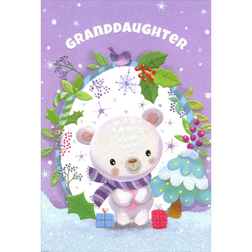 Polar Bear with Purple Scarf Granddaughter Christmas Card: Granddaughter