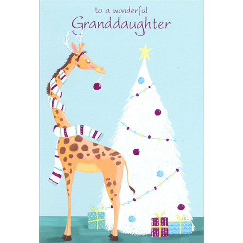 Giraffe with Pink Ornament and Scarf Granddaughter Christmas Card: to a wonderful Granddaughter