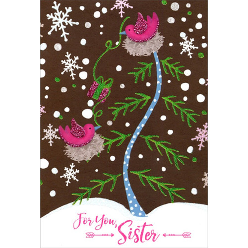 2 Pink Birds : Blue Polka Dot Tree : Green Foil Branches Sister Christmas Card: For you, Sister