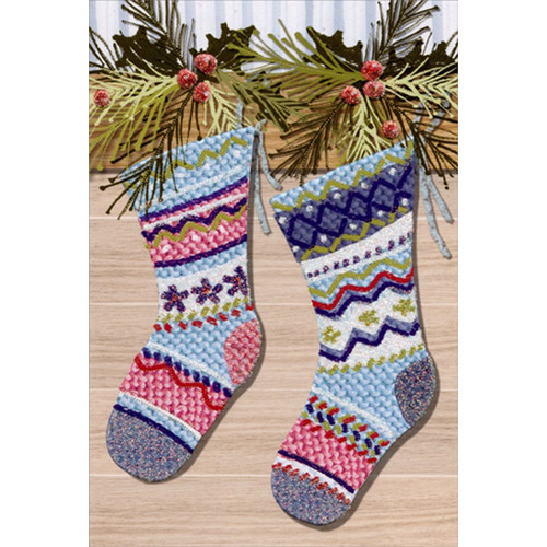 Pair Of Blue and Pink Knitted Stockings Christmas Card From Both