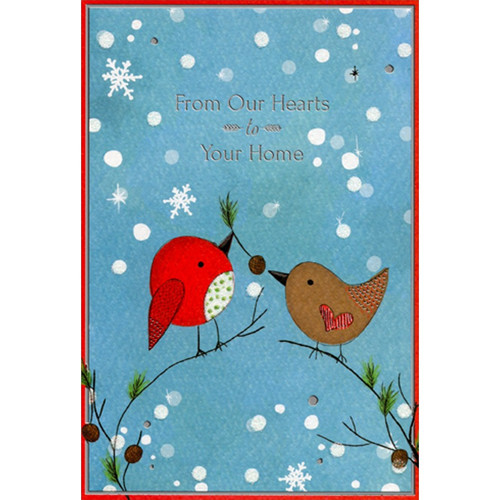 Small Red and Brown Birds on Thin Branches Christmas Card From Us: From Our Hearts to Your Home