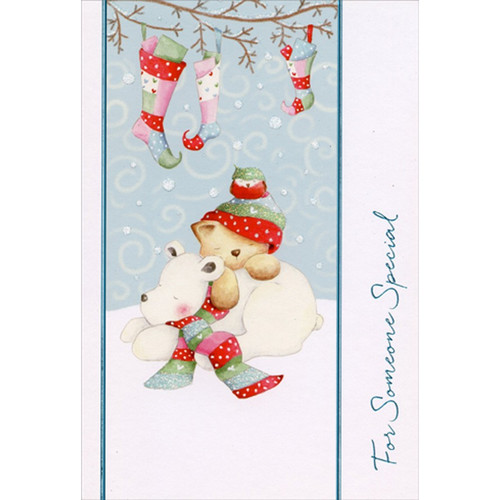 Sleeping Polar Bear, Cat, Robin Under Stockings Christmas Card for Someone Special: For Someone Special