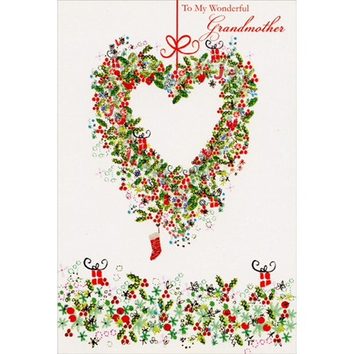 Heart Wreath Grandmother Christmas Card: To My Wonderful Grandmother