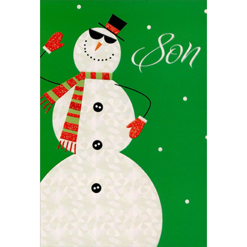 Snowman Wearing Sunglasses : Green Background Son Christmas Card: Son