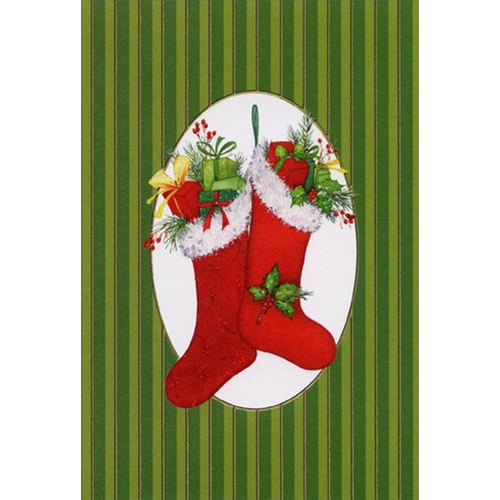Stockings on Vertical Green and Gold Stripes Parents Christmas Card