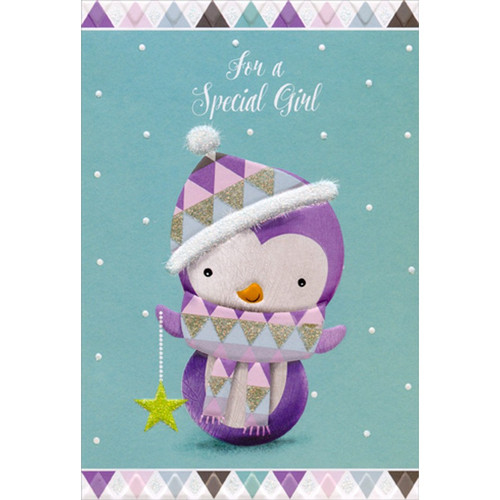 Purple Penguin Holding Sparkling Star Ornament Special Girl Christmas Card: For a Special Girl