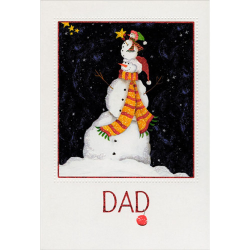 Snowman Placing Star in Sky Dad Christmas Card: Dad