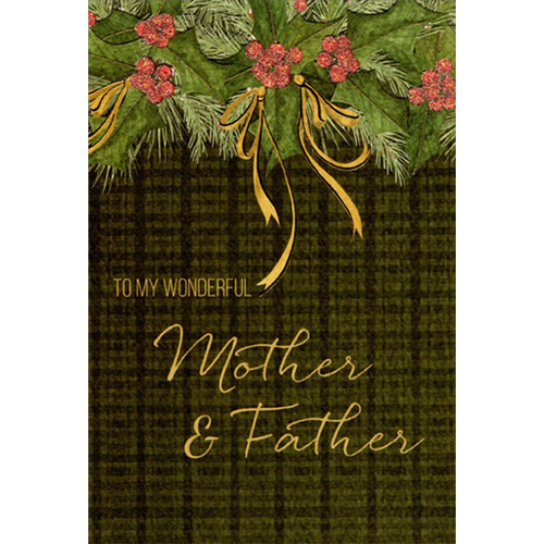 Holly and Gold Ribbons on Green Plaid Mother and Father Christmas Card: To My Wonderful Mother & Father