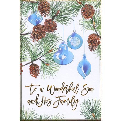 Aqua Ornaments : Pine Cones and Branches Son and Family Christmas Card: to a Wonderful Son and His Family