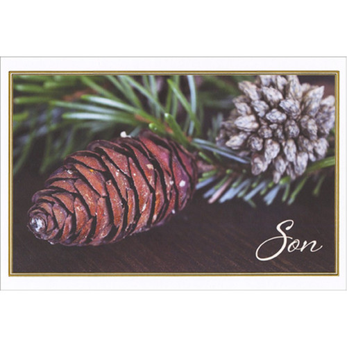 Pine Cone and Branches Closeup Photo Son Christmas Card: Son