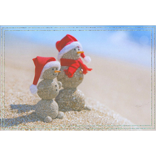 Sand Snowman Couple at Beach Warm Weather Christmas Card From Us