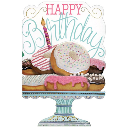 Donuts Stacked on Blue Pedestal Die Cut Birthday Card: Happy Birthday
