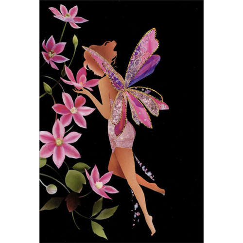 Fairy Silhouette Smelling Pink Flowers Birthday Card for Woman : Her