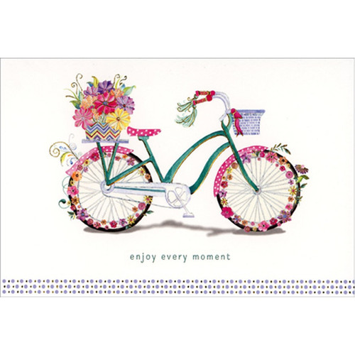 Green Bicycle, Pink Seat, Floral Wheels Birthday Card for Woman : Her: enjoy every moment