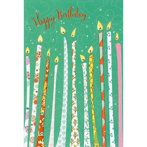 Tall Orange Foil Accented Candles : Green Background Birthday Card: Happy Birthday