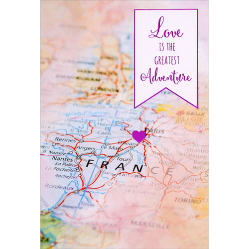 Love is Greatest Adventure : Pink Heart On Map Wedding Anniversary Congratulations Card: Love is the Greatest Adventure