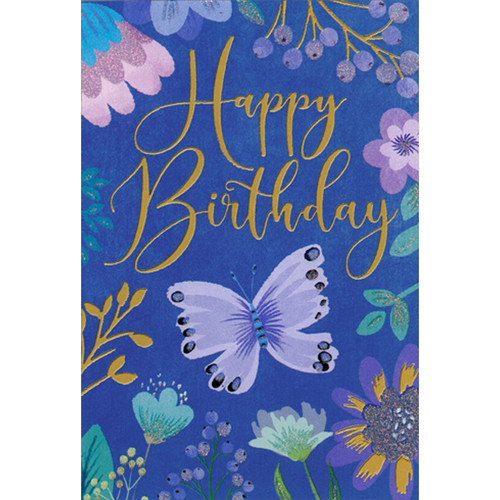 Purple Butterfly Surrounded by Floral Borders Birthday Card ...