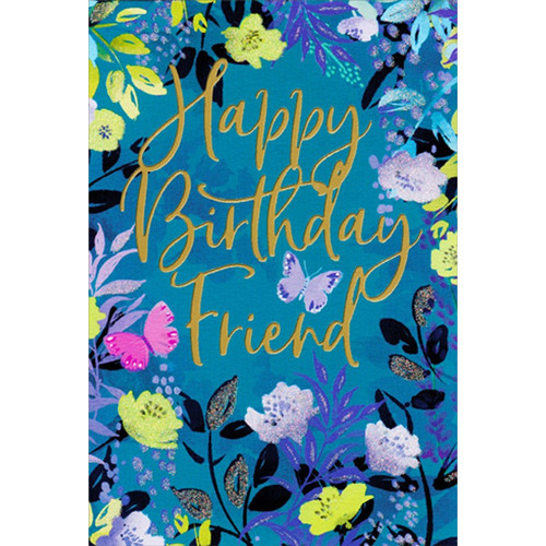 Wildflower Border : 2 Small Butterflies Birthday Card for Friend: Happy Birthday Friend