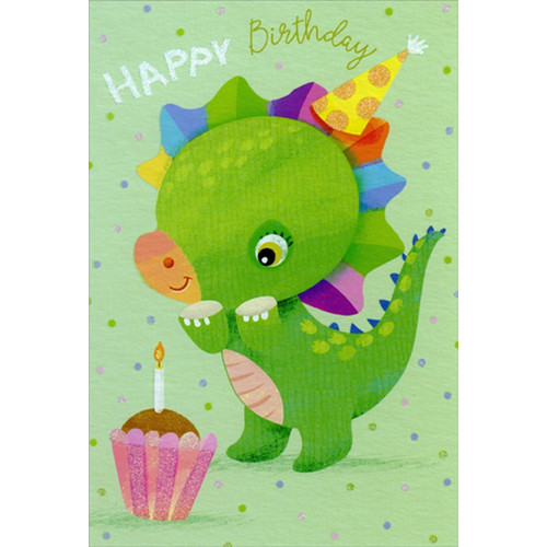 Cute Green Dragon and Cupcake with Candle Juvenile Birthday Card for Young Child : Kid: Happy Birthday