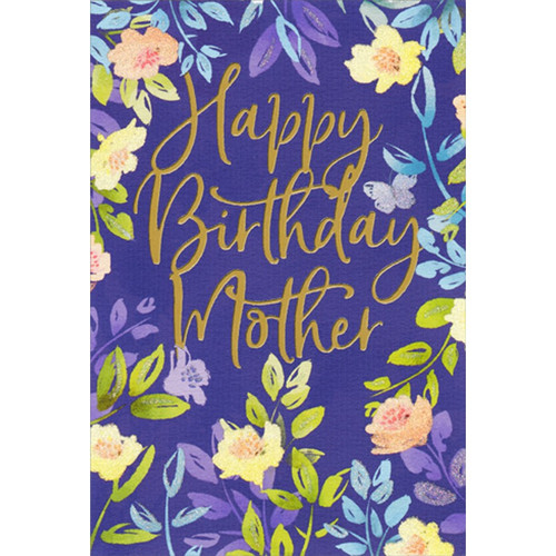 Yellow and Orange Sparkling Floral Border on Purple Birthday Card for Mother: Happy Birthday Mother