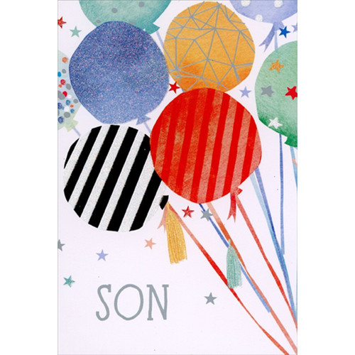 Sparkling Patterned Balloons and Small Stars Birthday Card for Son: Son