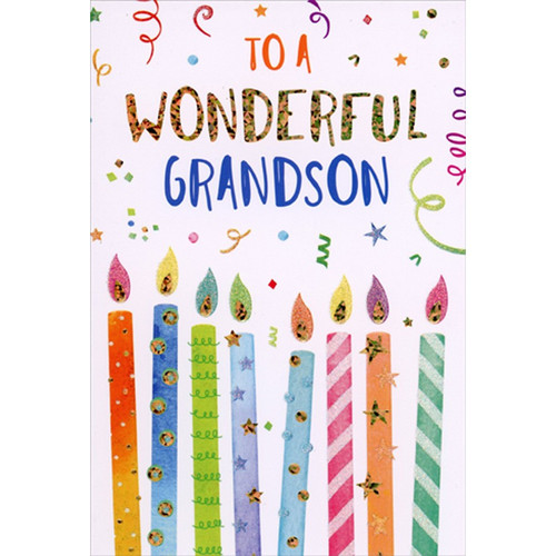 8 Candles with Multicolor Foil Flames and Confetti Birthday Card for Grandson: To a Wonderful Grandson