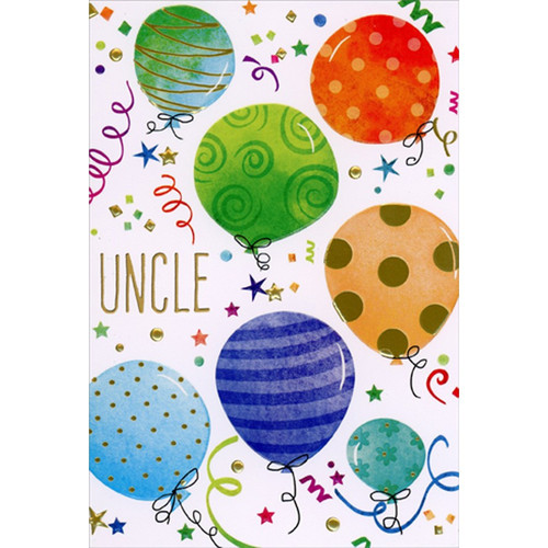Seven Patterned Balloons and Confetti Birthday Card for Uncle: Uncle