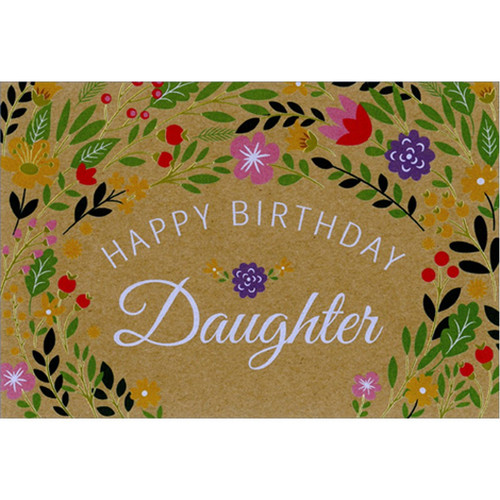 Arch of Flowers with Gold Foil Stems on Mocha Birthday Card for Daughter: Happy Birthday Daughter