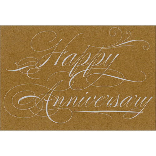 Thin White Swirling Text on Brown Wedding Anniversary Congratulations Card: Happy Anniversary