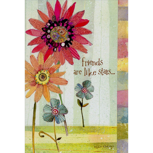Friends Are Like Stars : Four Glittery Watercolor Flowers Die Cut Short Fold Friendship Card: friends are like stars…