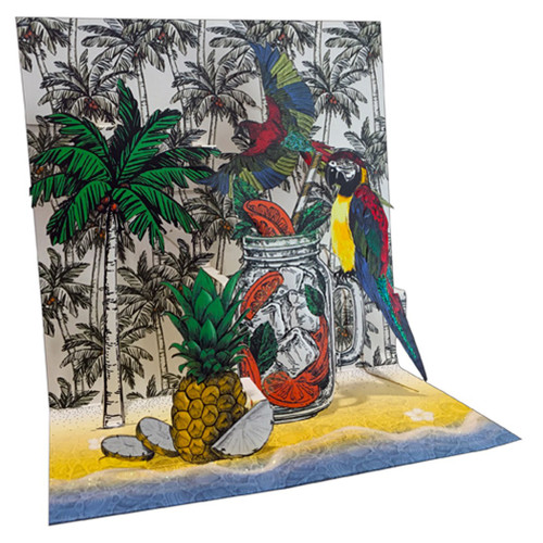 Colorful Parrots, Palm Trees, Beach and Tropical Drink 3D Pop Up Keepsake Greeting Card