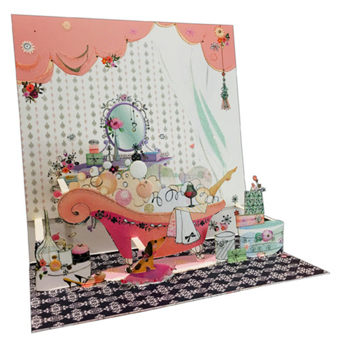 Pink Bathtub : Bubble Bath : Vanity Desk and Mirror 3D Pop Up Keepsake Greeting Card