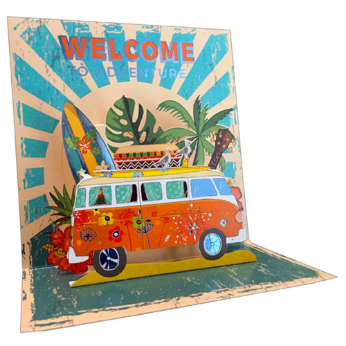 Welcome to Adventure : Orange VW Bus, Surfboard, Palm Tree, Guitar and Drum 3D Pop Up Keepsake Greeting Card: Welcome to Adventure