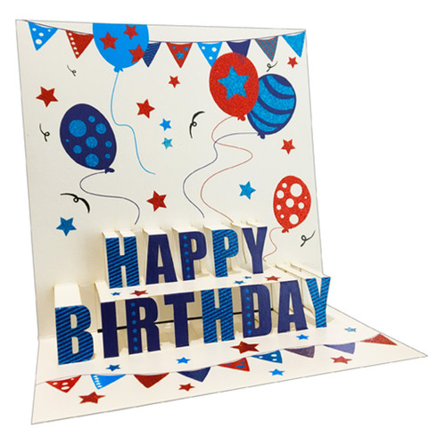 Blue and Red Balloons with Blue and Red Glitter 3D Pop Up Keepsake Birthday Card: Happy Birthday