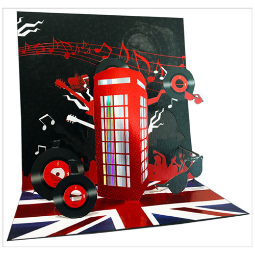 British Flag, Records, Red Phone Box,  Sunglasses, Music Notes and Concert Fans 3D Pop Up Keepsake Greeting Card