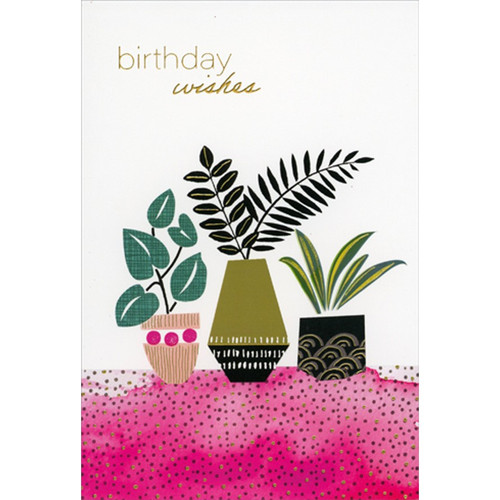 3 Potted Plants on Pink Table Birthday Card: birthday wishes