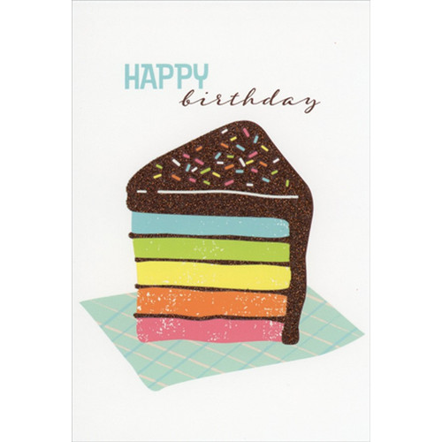 Rainbow Cake Slice with Chocolate Frosting Birthday Card: Happy birthday