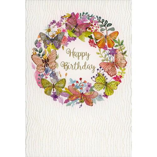 Gold Foil Butterfly Wreath Birthday Card: Happy Birthday