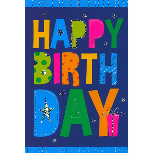 Neon Birthday Letters and Pink Gift on Dark Blue Birthday Card: Happy Birthday