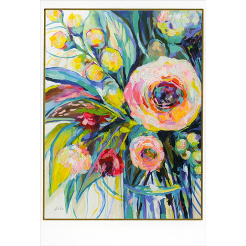 Abstract Flowers in Vase : Thin Gold Foil Frame Birthday Card