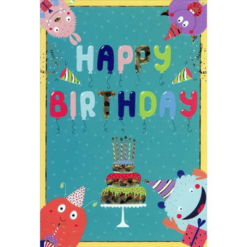 Party Monsters in Corners : Gold Foil Cake Birthday Card for Kid : Child: Happy Birthday