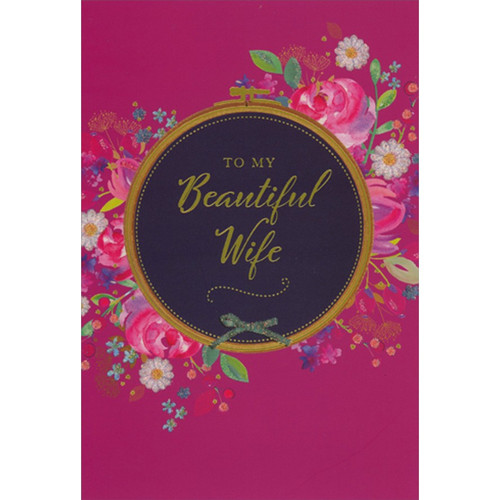 Flowers on Pink : Gold Foil Circular Frame : Beautiful Wife Birthday Card: To My Beautiful Wife