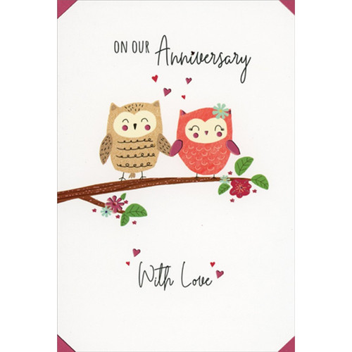 Cute Owl Couple on Branch Our Wedding Anniversary Card: On Our Anniversary With Love