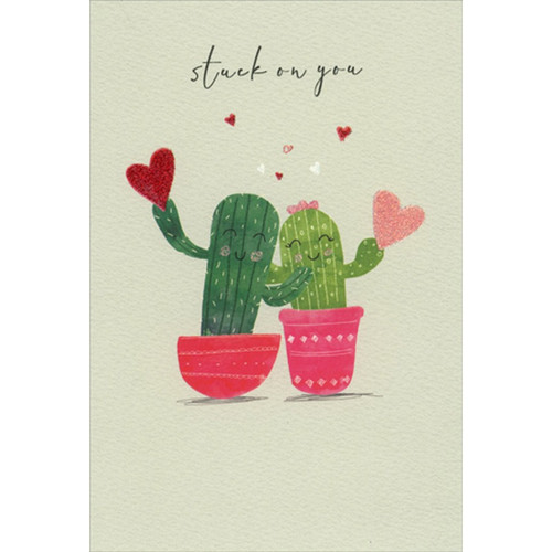 Cactus Couple Holding Hearts Our Wedding Anniversary Card: stuck on you