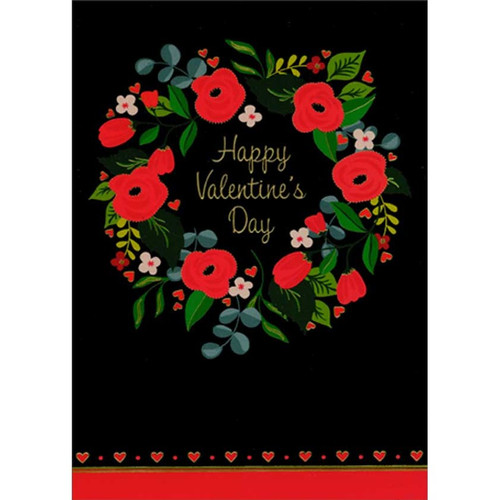 Wreath of Red Roses on Black Valentine's Day Card: Happy Valentine's Day