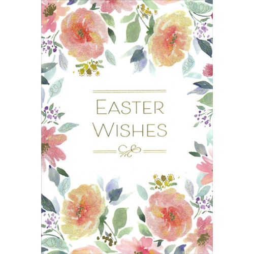 Easter Wishes Bordered by Sparkling Pink and Yellow Flowers Easter Card: Easter Wishes
