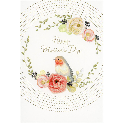 Bird and Flowers Inside Repeated Gold Dotted Circles Mother's Day Card: Happy Mother's Day