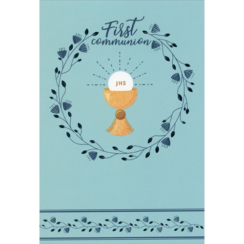 Gold Chalice and Host Inside Blue Floral Ring First / 1st Communion Congratulations Card: First Communion